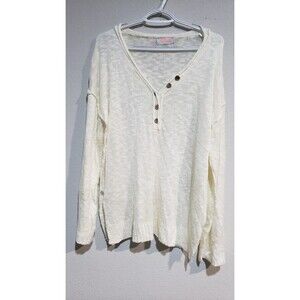 CDM women's open knit cream ivory sweater relaxed fit oversized 1/4 button Large